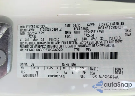 2015 Ford Escape Se из США, поврежденный, VIN 1FMCU0G90FUC34920